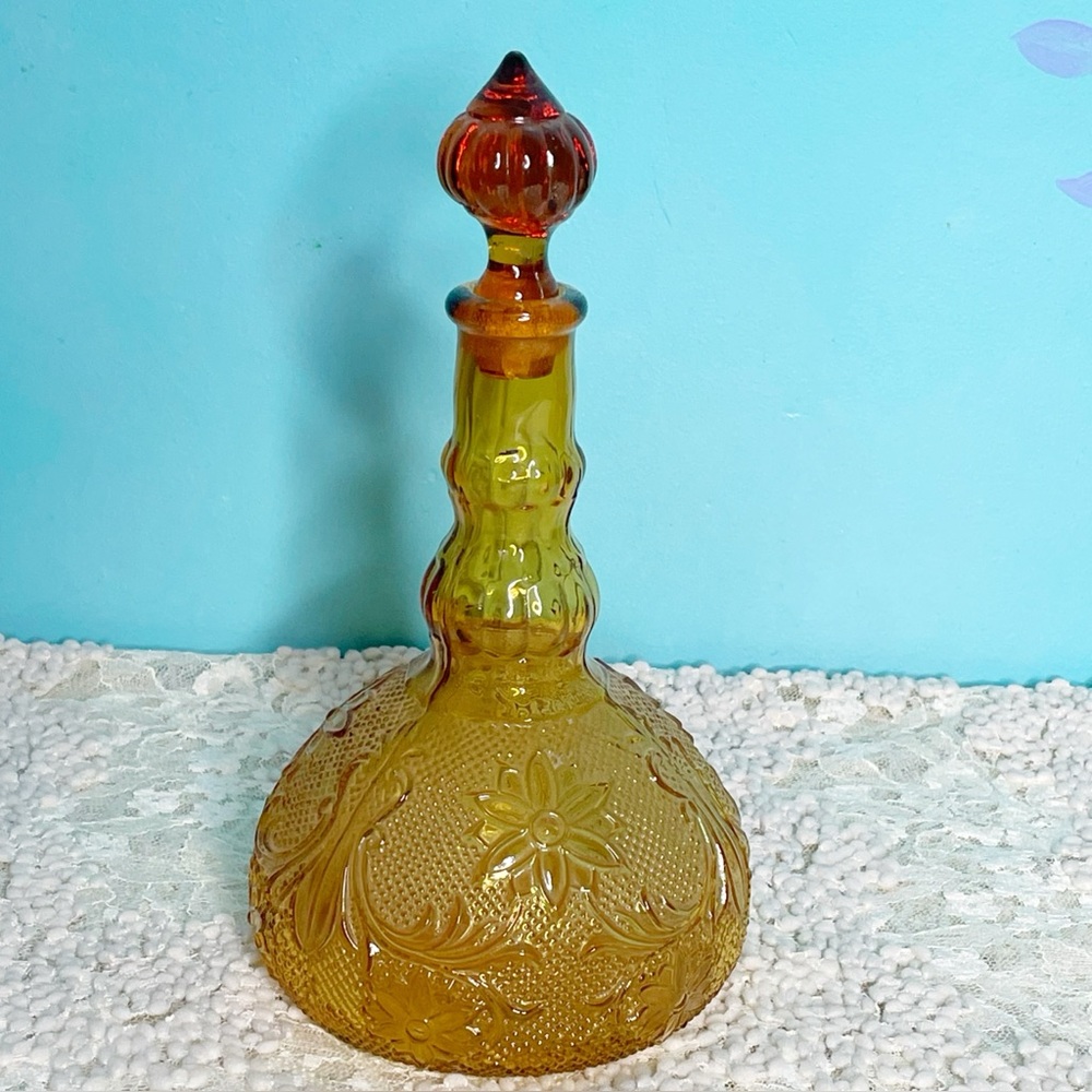 Vintage Indiana Glass Tiara Sandwich Amber Decanter Retro MCM Flower Jeanie